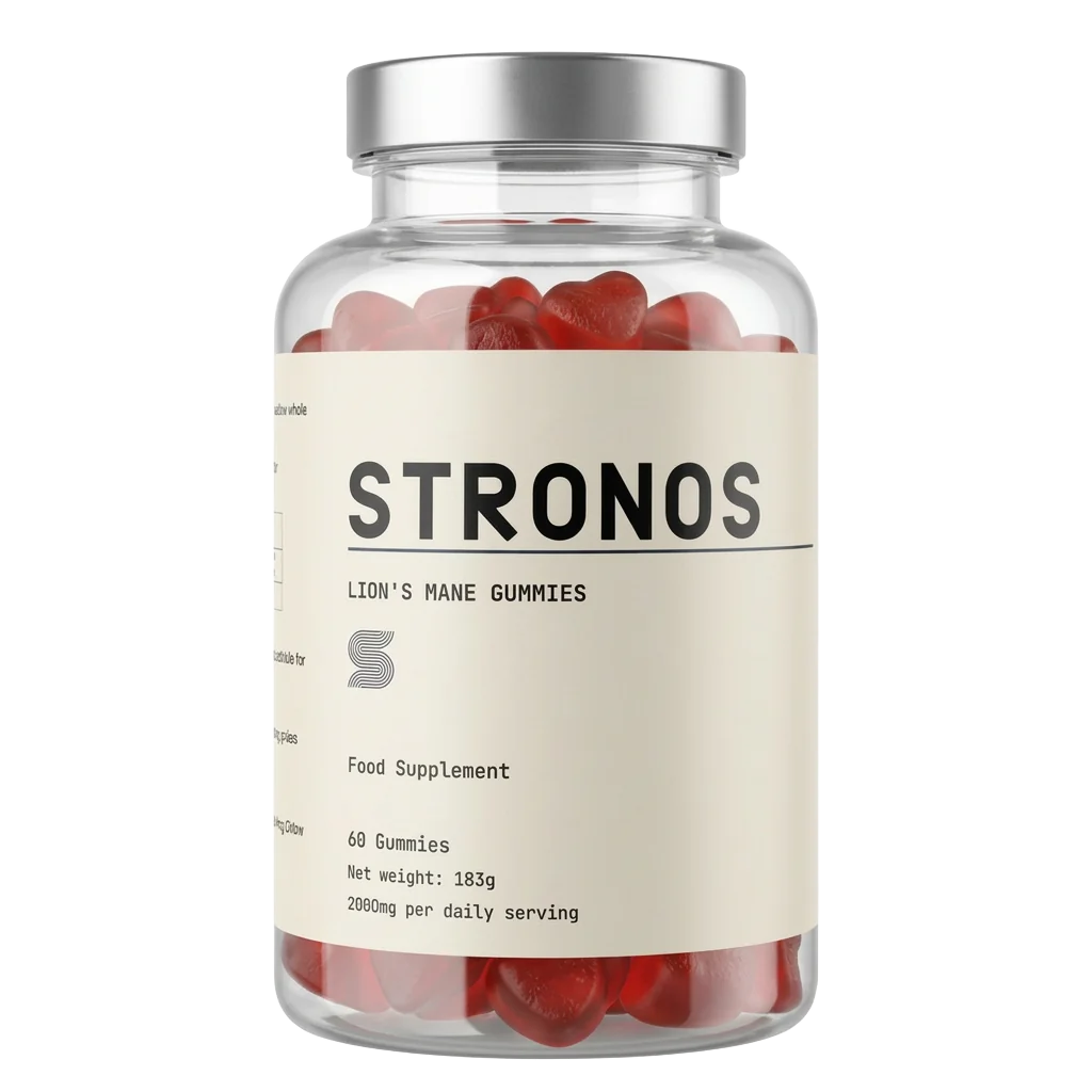 Stronos Lion's Mane gummies jar, 60 vegan gummies, 2,000mg per daily serving